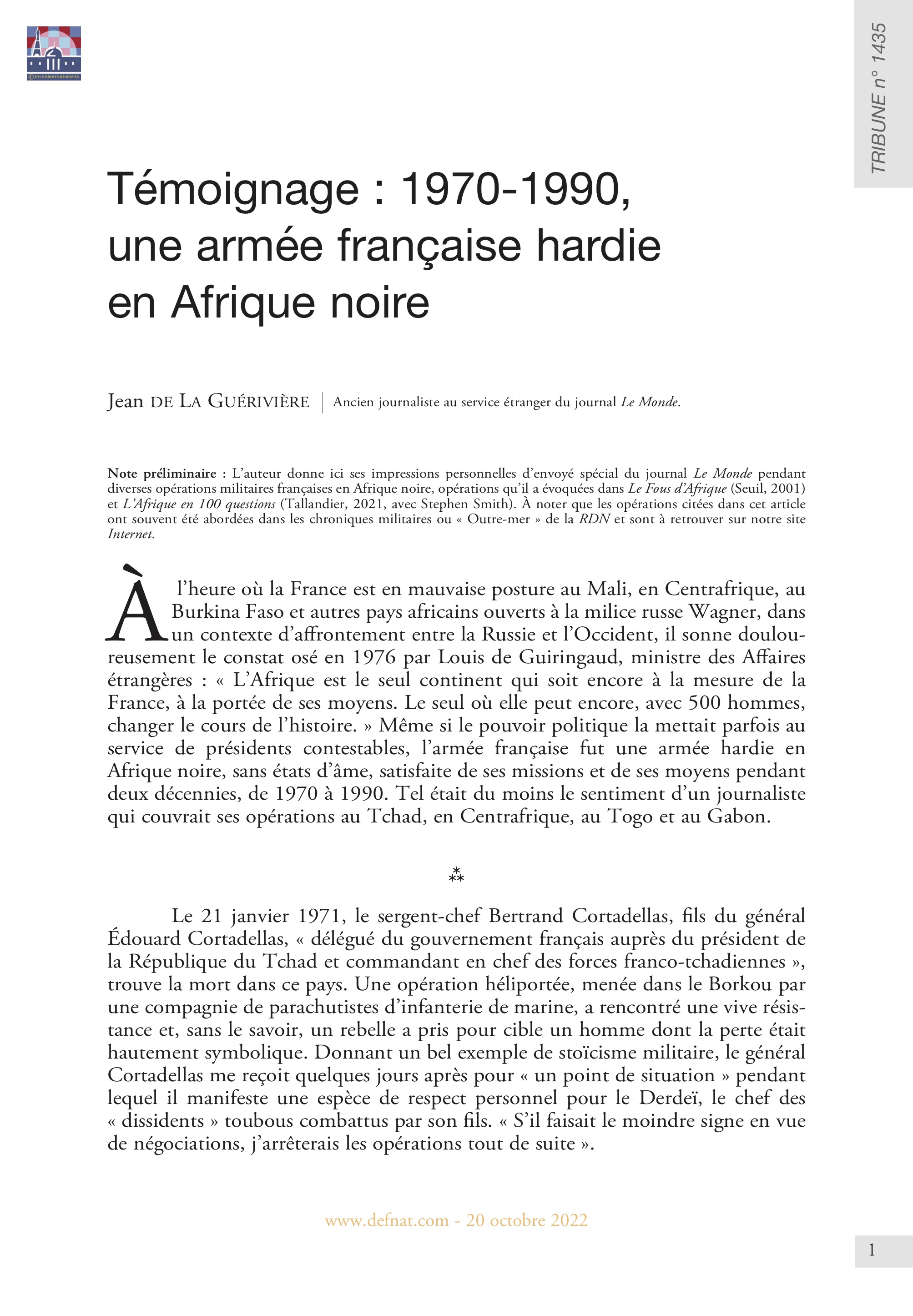 Témoignage : 1970-1990, une armée française hardie en Afrique noire (T 1435)
